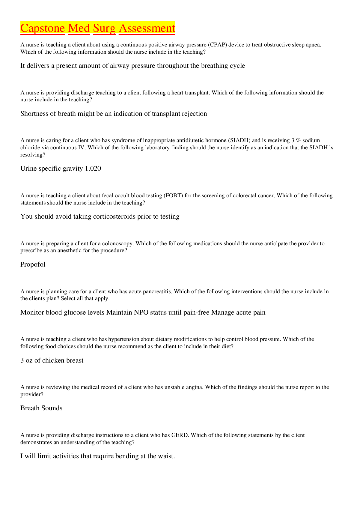 Preview image for NURS 406 Capstone Med Surg Assessment_2020 | Capstone Med Surg Assessment_Graded A